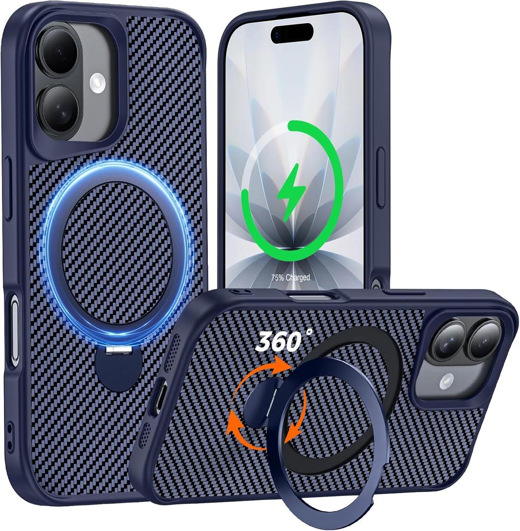 Designed for iPhone 17 Case with 360 Magnetic Stand, Carbon Fiber Phone Case [Compatible with Magsafe] [15FT Military Protection] with Stand Ring 6.3'', Deep Blue