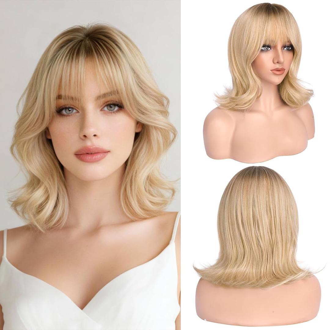 Haloo Blonde Short Bob Wigs with Bangs Shoulder Length Wavy Layered Flipped Ends Natural Looking Medium Synthetic Hair Wig for Women Daily Party, 14 Inch Ombre Blonde