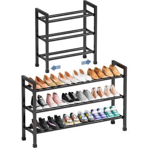 Mavivegue 19- 43 Adjustable Shoe Rack, 3 Adjustable Length, 3 Tier Expandable Shoe Rack for Closet, Entryway, Shoe Shelf, Black