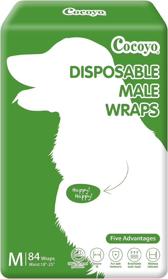 COCOYO Disposable Male Dog Wraps, Medium Size, 84 Count, Super Absorbent, Breathable, Wetness Indicator