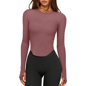 LASLULU Womens Long Sleeve Workout Tops Crop Tops Crew Neck Ribbed Slim Fitted Breathable Running Yoga Going Out T-Shirts (S)