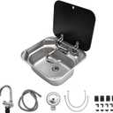 Portable RV Kitchen Sink 16.54"14.57", Premium Stainless Steel Drop-in Bar Sink with Foldable Faucet & Tempered Glass Cover, Space-Saving Camper Trailer Sink Kit, 16.5414.575.91 Inch