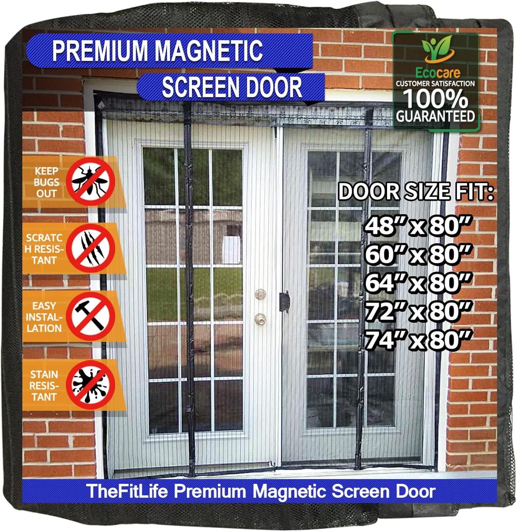 TheFitLife Double Door Magnetic Screen - Mesh Curtain with Full Frame Hook & Loop Powerful Magnets, Snap Shut Automatically for Patio, Sliding Or Large Door (Fits Doors up to 64''x80'') (Black)