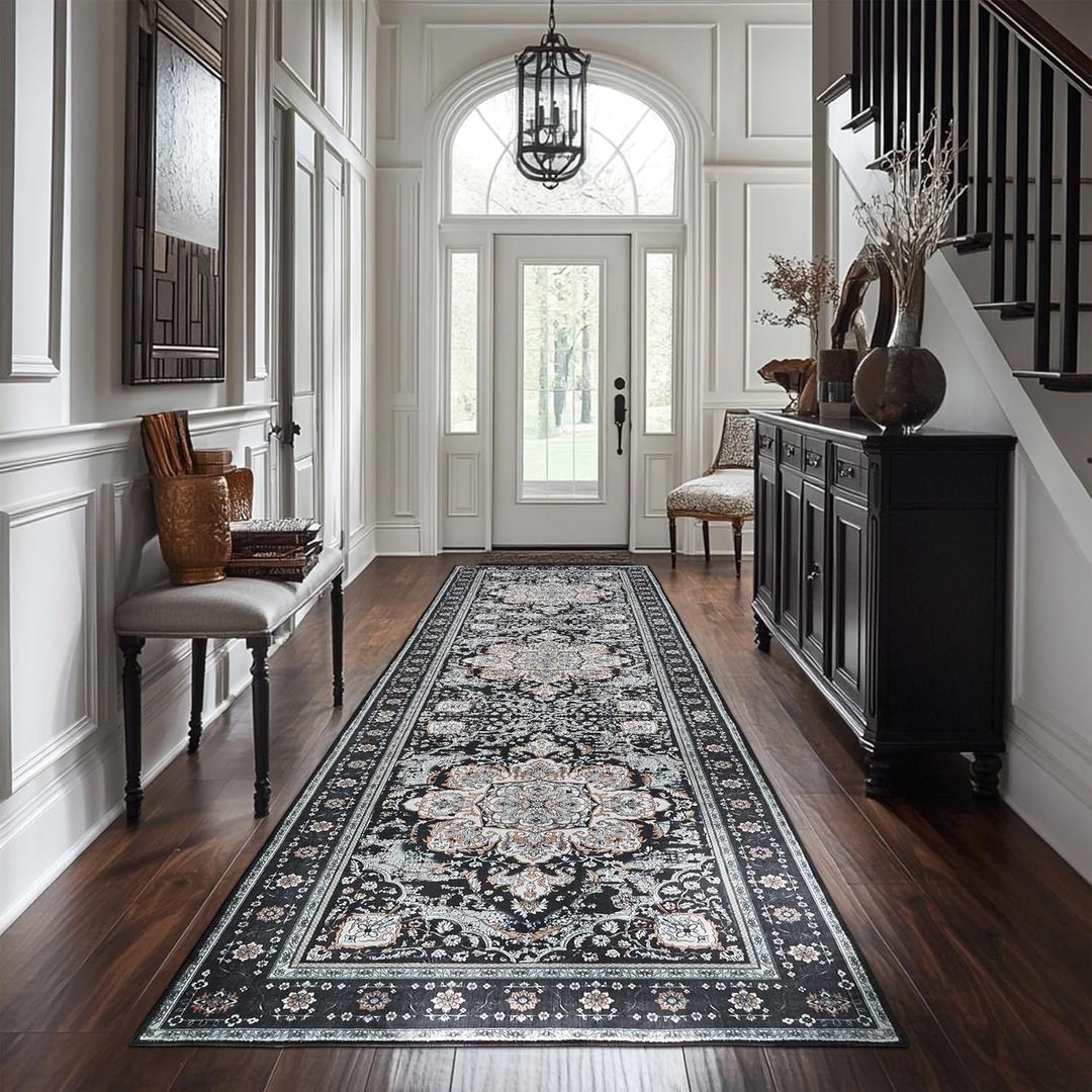 2x8 Runner Rug Non Slip Washable Bedside Laundry Room Floor Rug Low Pile Water Repellent Soft Distressed Carpet for Kitchen Living Room Bathroom Entryway(Black/Multi,2x8ft)