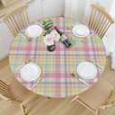 Easter Plaid Round Fitted Tablecloth with Elastic Spring Pastel Table Cloth Holiday Decorative Washable Seasonal Pink Checkered Decor Table Cover Outdoor Kitchen Dining Home Picnic for 40"-44" Table