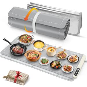 FYY Extra Large Warming Mat for Food with Heat Resistant Pad, Prevent Countertop Cracks, Keep Meal Warm, Rapid and Full Surface Heating, 6 Temp Settings, 6H Timer, Rollable Portable Food Warmer, Grey (Gray)