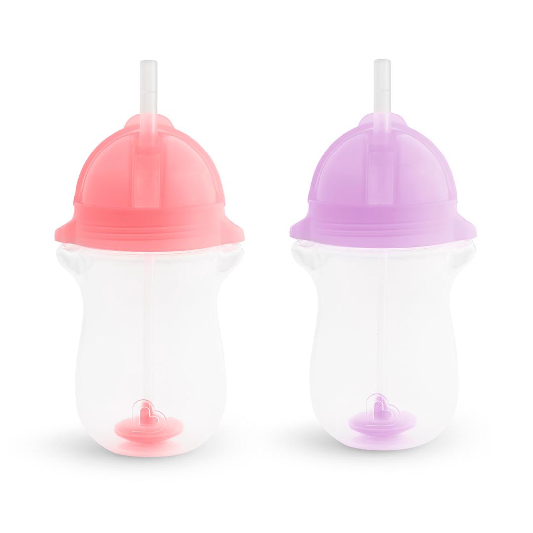 Munchkin Any Angle Weighted Toddler Straw Cups with Click Lock Lid, 10 Ounce, 2 Pack, Pink/Purple