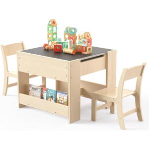 4-in-1 Kids Desk with 2 Chairs - Birch Wood Activity Table with Reversible Whiteboard and Chalkboard, 3 Storage Compartments for Kids for Painting, Reading and Crafts