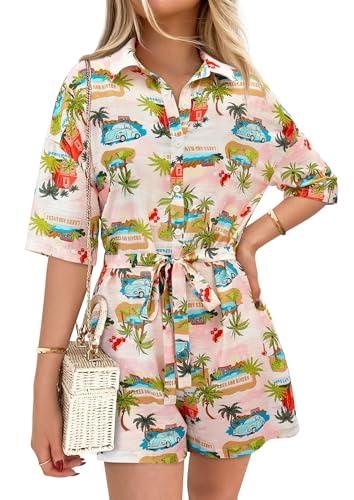 PRETTYGARDEN Womens Rompers for Summer 2025 Beach Vacation Clothes Short Sleeves Floral Jumpsuits Beach Cover Up(White+Blue leaf,Medium)