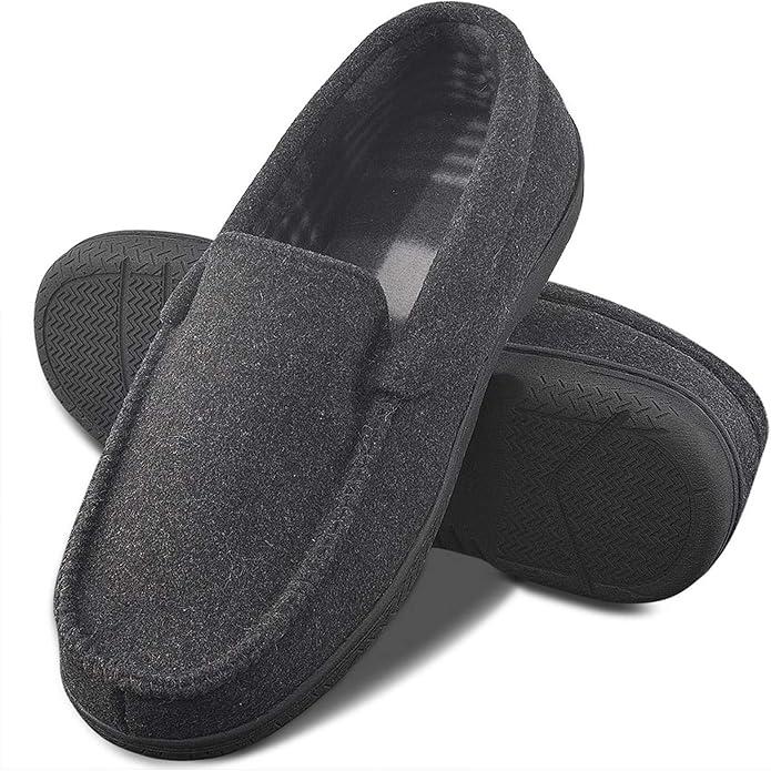 DL Men's Memory Foam Moccasin Slippers Breathable Moccasin Slippers Micro Wool House Shoes Anti-Slip Sole Indoor Outdoor Size 10, Tan Gray 