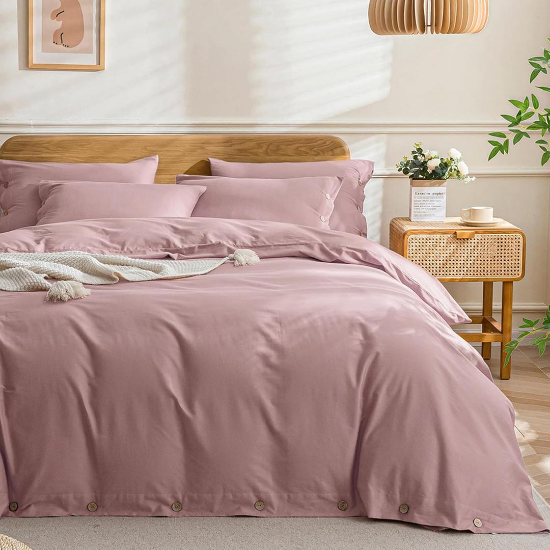 JELLYMONI Cotton Duvet Cover Full Size - Purple Comforter Cover with Button 100% Washed Cotton 3PCS Breathable Soft Solid Bedding Set Duvet Cover 8090in & 2 Pillowcases (NO Comforter)