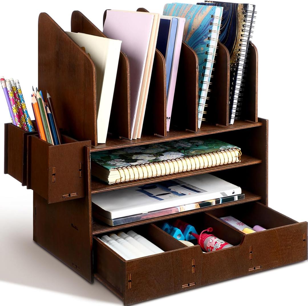 4 Tier Wooden Desk File Organizer Office Desk Organizer with 5 Vertical File Holders and 2 Pen Holders Multifunctional Desktop Accessories with Drawer for Back to School Teacher Gifts