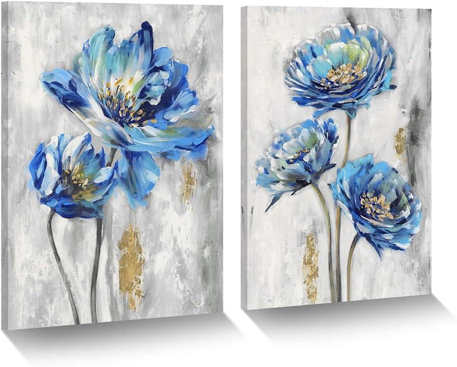 Blue Flower Canvas Wall Art: 2 Piece Abstract Elegant Floral Artwork Vintage Blooming Navy Petal Painting Modern Blossom Botanical Scene Prints Country Nature Picture for Bedroom Bathroom