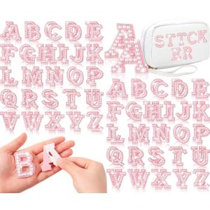 Yungyan 104 Pcs Pearl Letter Patches Self Adhesive 4 Sets A-z Pearl English Rhinestone Alphabet Bling Glitter Sticker for DIY Clothes Bags Hats Phone Backpacks (Pink)