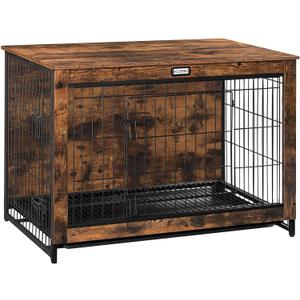 HOOBRO Dog Crate Furniture, 38.6" Large Dog Kennel Indoor, Wooden Cage with Pull-Out Tray, Double Doors Pet House Side End Table for Large/Medium/Small Dogs, Rustic Brown BF982GW03G1