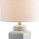 JONATHAN Y 21.5" White and Navy Blue Ceramic Ginger Jar LED Table Lamp, Modern Chinoiserie Fishnet Pattern with White Linen Shade and Brass Gold Base, LED Bulb Included JYL3043A