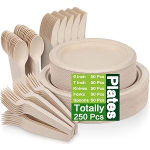 Unves 250 Piece Compostable Paper Plates Set with Extra Long Utensils, Sugarcane Fibers Disposable Dinnerware Set, Biodegradable Plates, Spoons, Forks and Knives for Party, Camping, Picnic, One Size