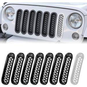 Grill Inserts Black, Front Mesh Grille Cover Compatible with 2007-2018 Jeep JK Wrangler & Unlimited Wrangler Accessories, Car Grill Mesh (7PCS Black + 1PCS White)
