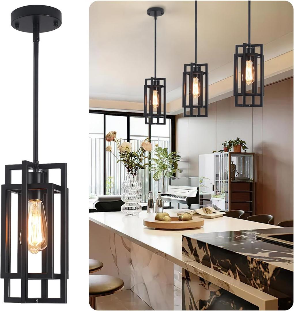 Black Pendant Lights Kitchen Island, Adjustable Modern Pendant Lights Fixture Farmhouse Mini Kitchen Pendant Lighting, Square Pendant Ceiling Hanging for Bedroom Dining Room Entryway Foyer