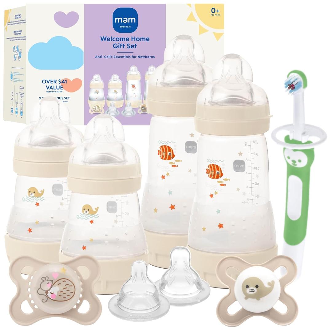 MAM Welcome Home Baby Gift Set  Easy Start Anti-Colic Bottles (2X 5oz, 2X 9oz) & 2 Pacifiers 0-6 Months, Extra Nipples, Training Toothbrush, Self-Sterilizing Complete Baby Feeding Set (Unisex)