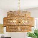Boho 24” Rattan Chandelier Light Fixture, 7-Light Hand Woven Rattan Pendant with 3-Tier Wicker Shade, Adjustable Farmhouse Ceiling Hanging Light for Dining Room, Kitchen, Living Room, Bedroom, 23.6 inch