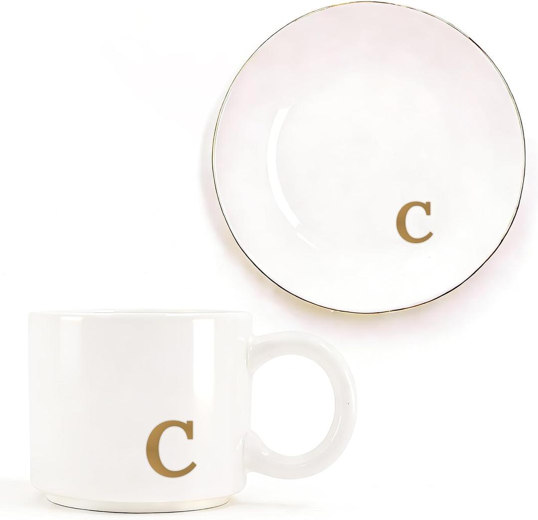 RainVibe Elegant Gift Set for Women – Personalized Monogram Ceramic Mug & Jewelry Tray – 12 oz Gold-Initial Coffee Cup with Gift Box, 4.75" Decorative Dish for Rings, Earrings, Keys (Letter C), 15 Ounces