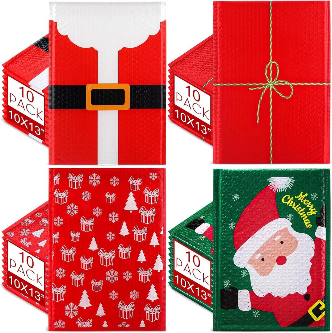 Watersay 40 Pcs 10 x 13 Inch Large Christmas Poly Bubble Mailers Christmas Padded Envelopes Self Adhesive Holiday Shipping Bags Assorted Xmas Bags for Business School Family Xmas Gift