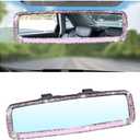 Bling Car Rearview Mirror, Decorations Rear View Mirror with Crystal Rhinestones & Diamonds, Car Interior Trim Accessories, Clip-on & HD Glass, Sparkly Gift (Pink)
