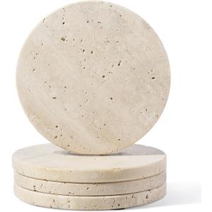 Koville Travertine Coasters, Marble Coaster Set of 4 for Drinks, 4" Round Stone Coasters Set Heat Resistant, Decorative Modern Cup Coaster for Coffee Table Home Bar Decor, Unique Gift Choice(Beige)