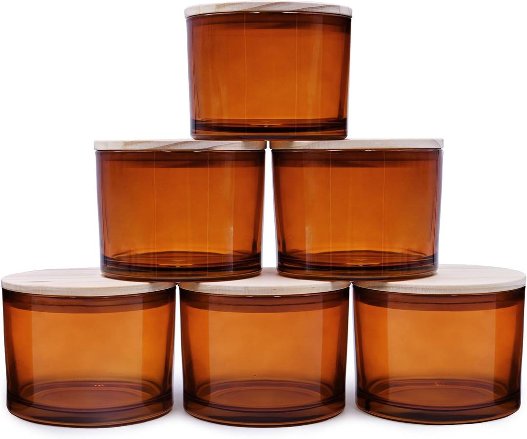18 OZ Thick Candle Jars for Making Candles 6 Pcs, Empty Jars with Wood Lids for Candle Making, Sample Container,Clear Brown