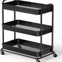 Simple Houseware 26" Extra-Wide 3-Tier Heavy Duty Service Cart, High-Capacity Metal Rolling Organizer for Spa, Salon, Office, and Home Storage, Black
