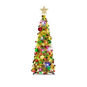 N&T NIETING Pop Up Christmas Tree with Lights, Collapsible Tinsel Xmas Tree Decorations, Pencil Christmas Tree Skinny Tree for Holiday Xmas Home Office Decor, 5Ft, Gold