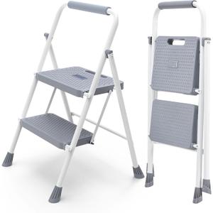 DUMOS Step Ladder, 2 Sturdy Step Stool with Anti-Slip Pedal & Comfortable Handrail, Portable Heavy Duty Step Stool for Kitchen, Garage & Outdoor Use, 800lbs, Grey