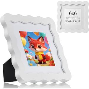 SNAPSHOT 6x6 Picture Frame with Mat for 4x4, Wooden Photo Frames with Real Glass for Wall Mount and Tabletop, Wavy Edge White, 1 Pack