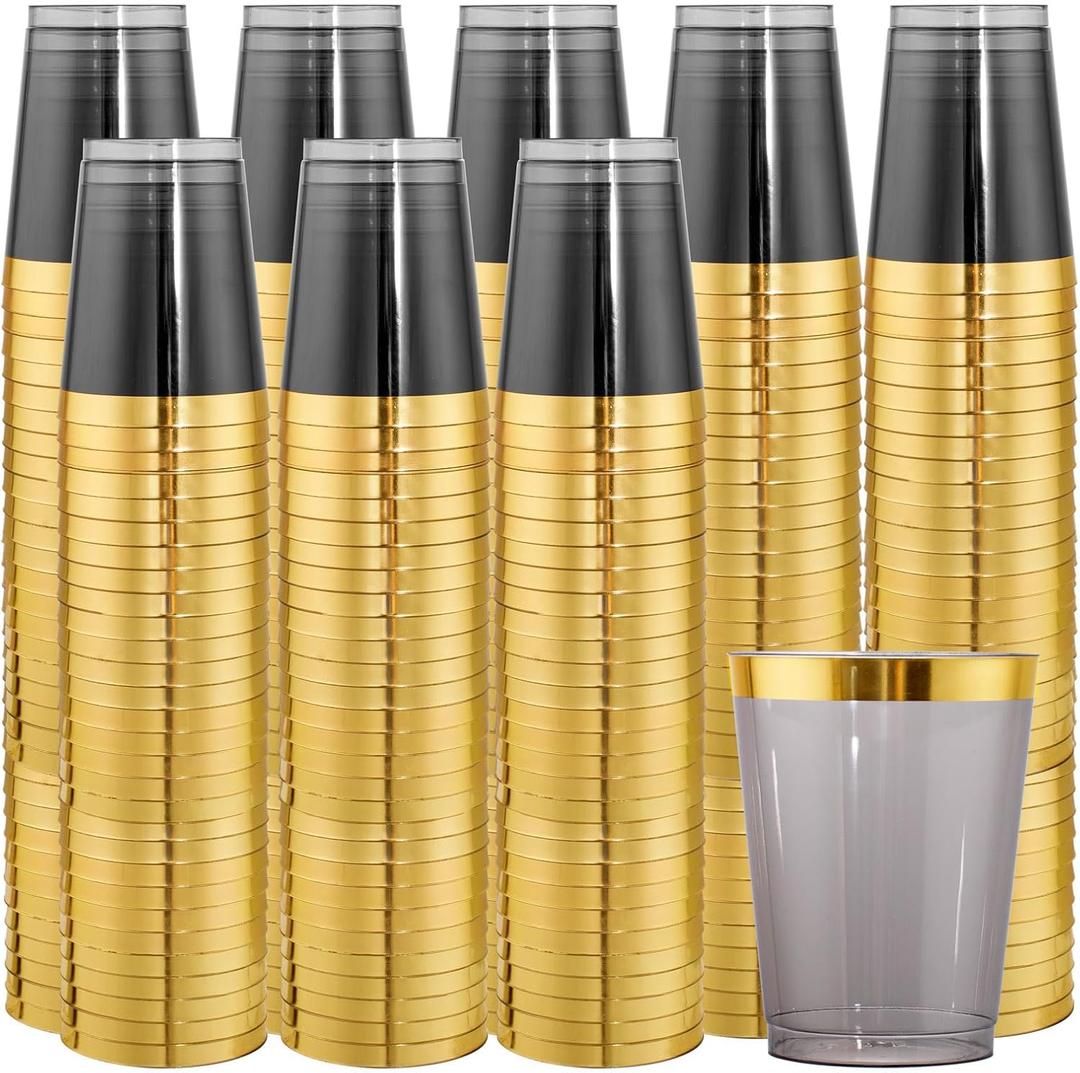 supernal 100pcs Christmas Gold and Black Plastic Cups 10oz Gold Rimmed Elegant Black Party Cups Heavy Duty Fancy Wedding Drinking Tumblers Plastic Cup for Party