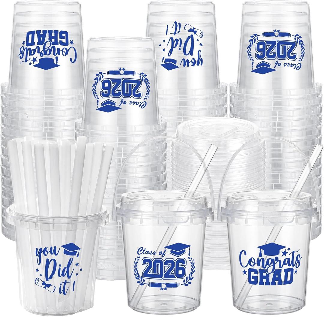Ceenna 30 Sets 24oz Graduation Drink Buckets with Lids and Straws Class of 2026 Graduation Plastic Bucket Cups Congrats Grad Party Supplies for High School College Tailgate Party Summer Events (Blue)