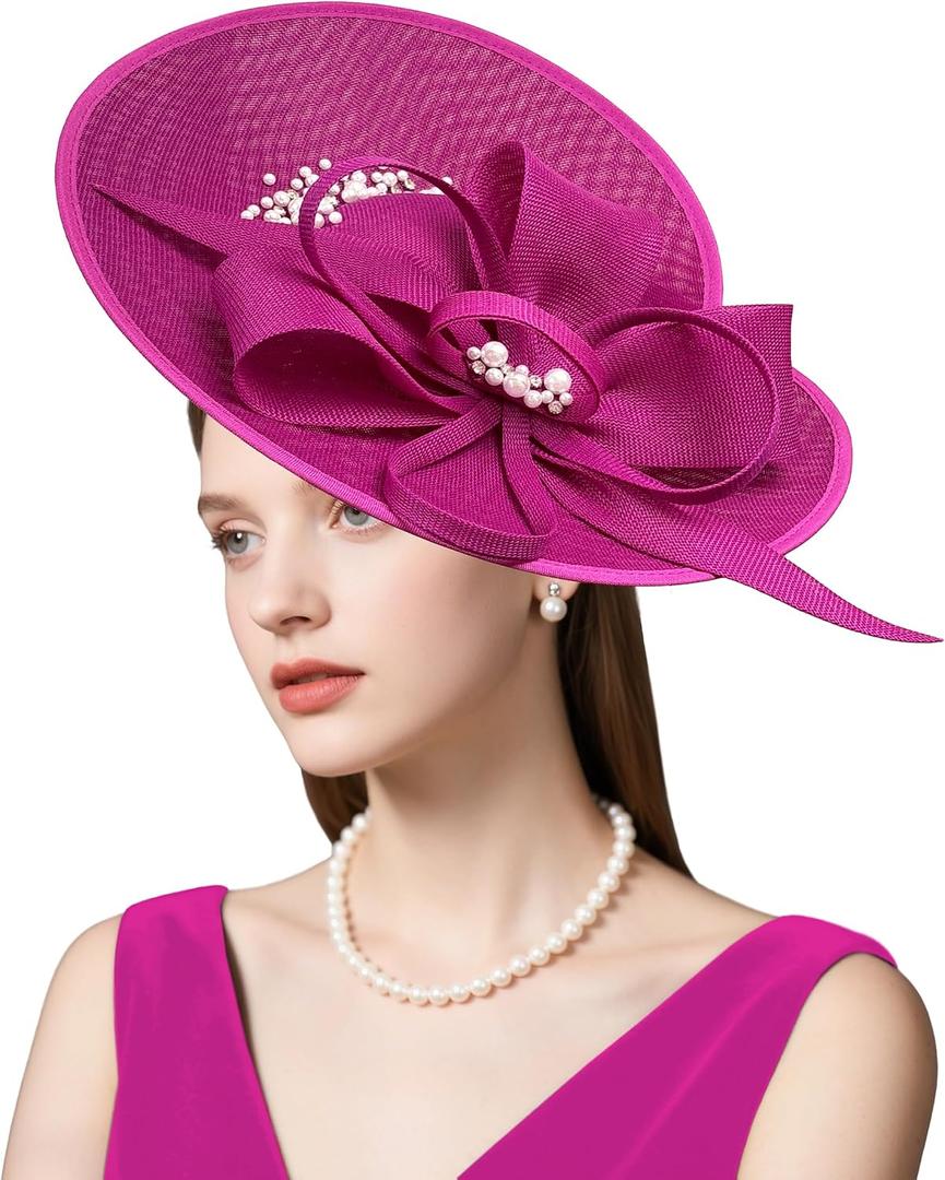 dressfan Vintage Fascinator Hats for Women,Linen Pearl Fascinator for Derby Church Wedding Tea Party (Pink)