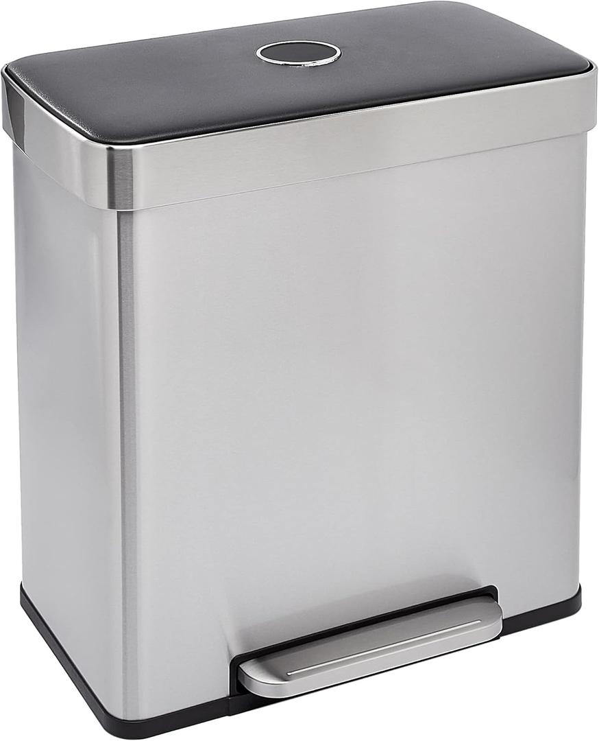 Dual Compartment Recycling Trash Can with Soft-Close Lid and Removable Liner Buckets, 60 Liters, Rectangular, Grey, Silver