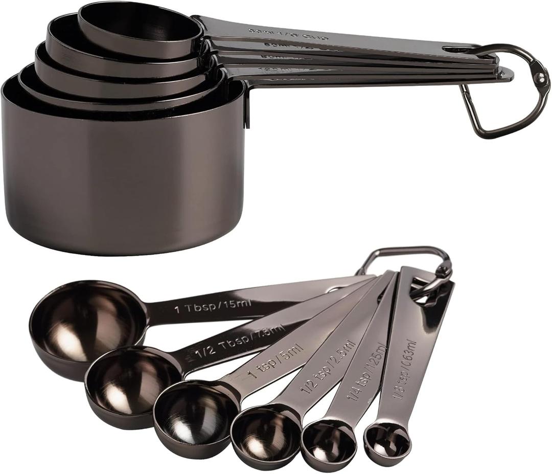 16 Pcs Stainless Steel Measuring Cups and Measuring Spoons Set, Heavy Duty Metal Measuring Cups and Scoops for Kitchen Cooking Baking Includes 5 Cups, 6 Tbsp Tsp Spoons & 5 Mini Spoons(BLK)