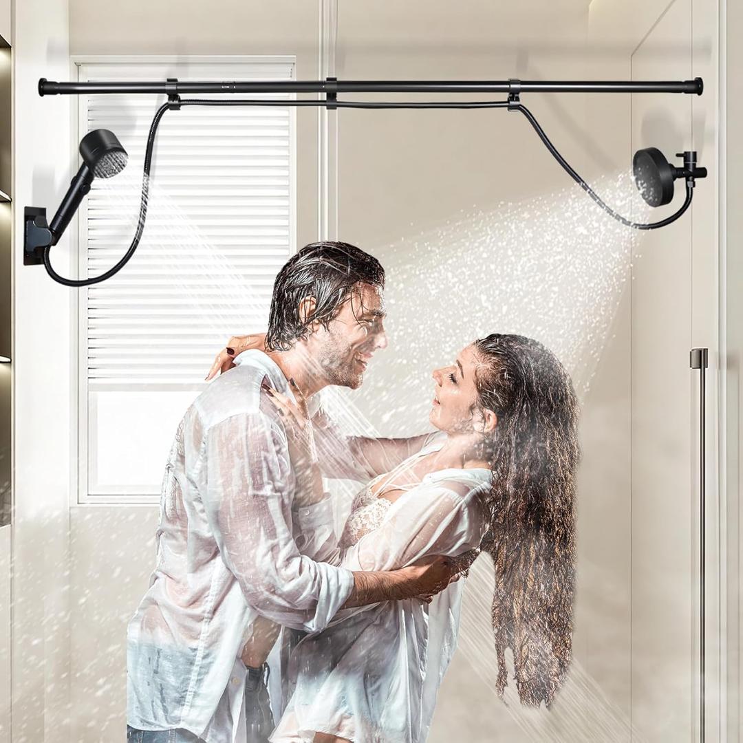 Dual Shower Head for Couples, Double Shower System for Two People, 6+3 Adjustable Spray Modes-High Pressure Tandem Showerhead with 31.5~80.7" Extendable Rod / 78.7" Long Hose, Easy Install (Black)