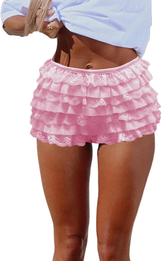 Women Y2K Lolita Bloomers Lace Mesh Ruffle Fairy Short Sexy Layered Pettipants Coquette Boy Shorts (Small, Pink)