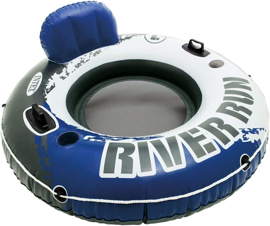 INTEX 58825EP River Run 1 Inflatable Floating Lounge: Comfortable Backrest  Built-in Cup Holders  Durable Grab Handles  All Around Grab Rope  220lb Weight Capacity Blue