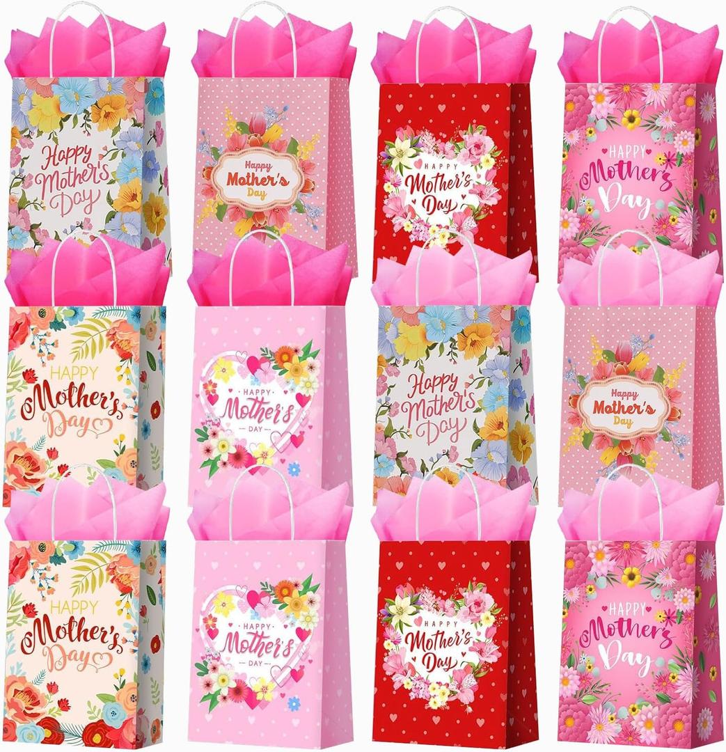 CMSSHUAI 12 Pcs Mother's Day Bags with Tissue Paper，Medium Small Mothers Day Bags with Handles Floral Mothers Paper Bags Treat Bags Candy Bags Bulk for Mom Grandma Wife Women