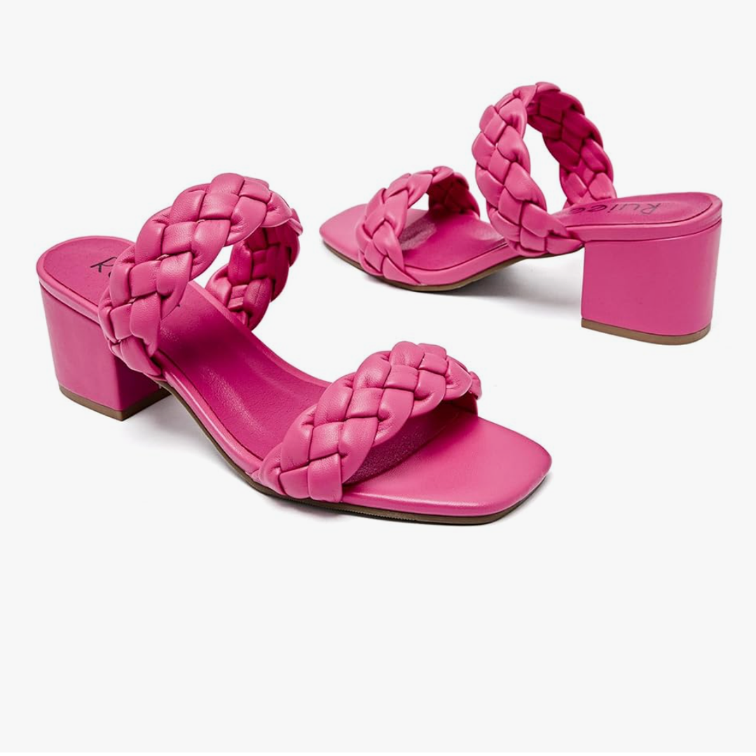 Women's Heels Braided Heeled Sandals, Squear Open Toe Slides Sandals Slip on Chunky Heel Sandals Dressy Summer Shoes for Women 9.5