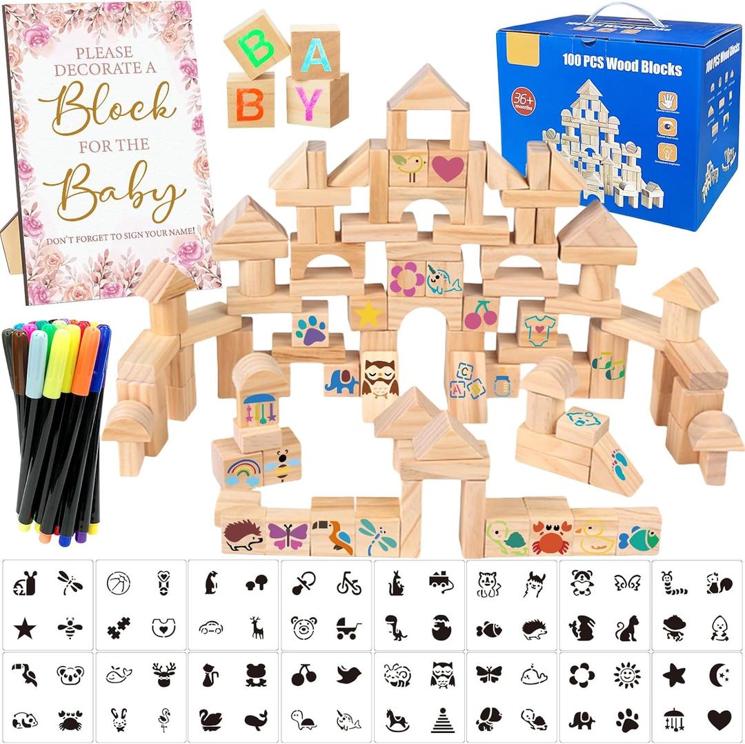 141 Pcs Baby Shower Game Sign Set Includes Decorative Square Signs 100 DIY Blank Wooden Blocks 20 Paint Markers (Flower)