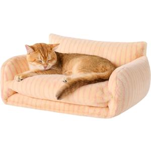 Hollypet Cat Bed Fluffy Plush Mutifuctional Double-Layer Soft Pet Couch Orthopedic Sofa Nest Beds for Small Cats and Dogs, Pink Stripes (21x15x8 inch)