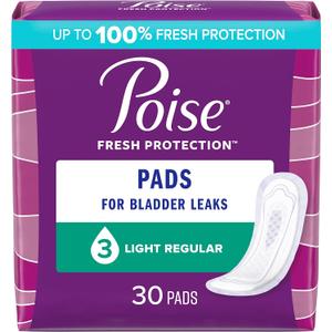 Poise Incontinence Pads & Postpartum Incontinence Pads, 3 Drop Light Absorbency, Regular Length, 30 Count, Packaging May Vary