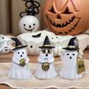 Resin Small White Ghost Figurines, 3PCS Ghosts with Witch Hats, Cute Ghost Statue for Spooky Halloween Decor, for Indoor Halloween Party Tabletop Home Shelf Decoration (Set of 3, White, Black and Gold)