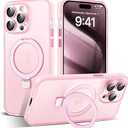 Designed for iPhone 14 Pro Max Case with Magnetic Invisible Ring Stand [Military Drop & Full Camera Lens Protection] [Compatible with Mag-Safe] Matte Translucent Slim Phone Cases 6.7",Pink