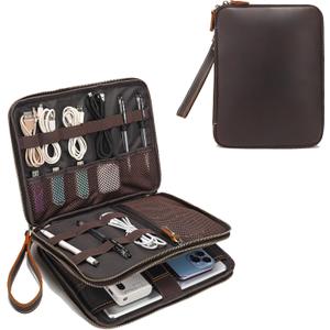 LANNSYNE Full Grain Leather Travel Cable Accessories Bag, Electronic Organizer Carry Case Double Layer Storage Case for Cables, Charger, Phone, Power Bank (Brown)